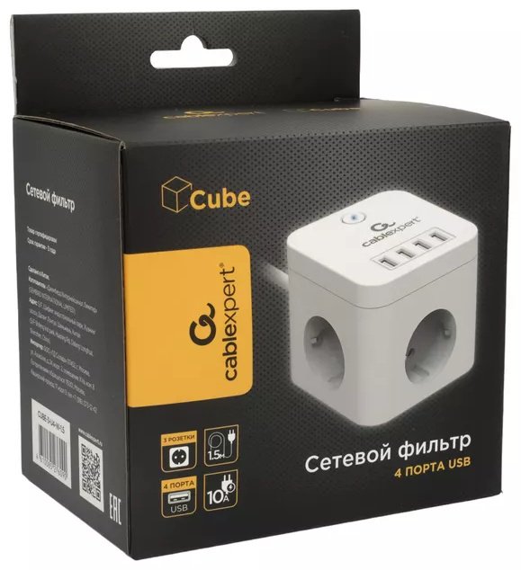 Сетевой фильтр Cablexpert CUBE-3-U4-W-1.5, 1.5 м купить,12490