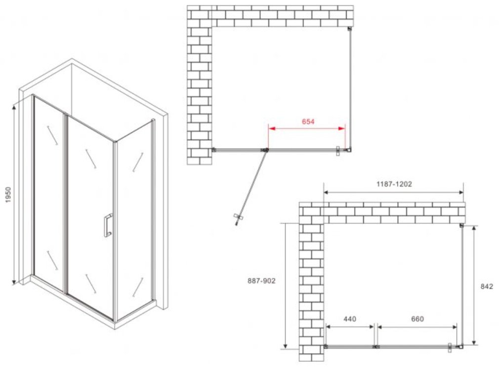 Душевое ограждение Abber двухстенное AG04120BS-S90B, 900х1950 мм купить,NaN