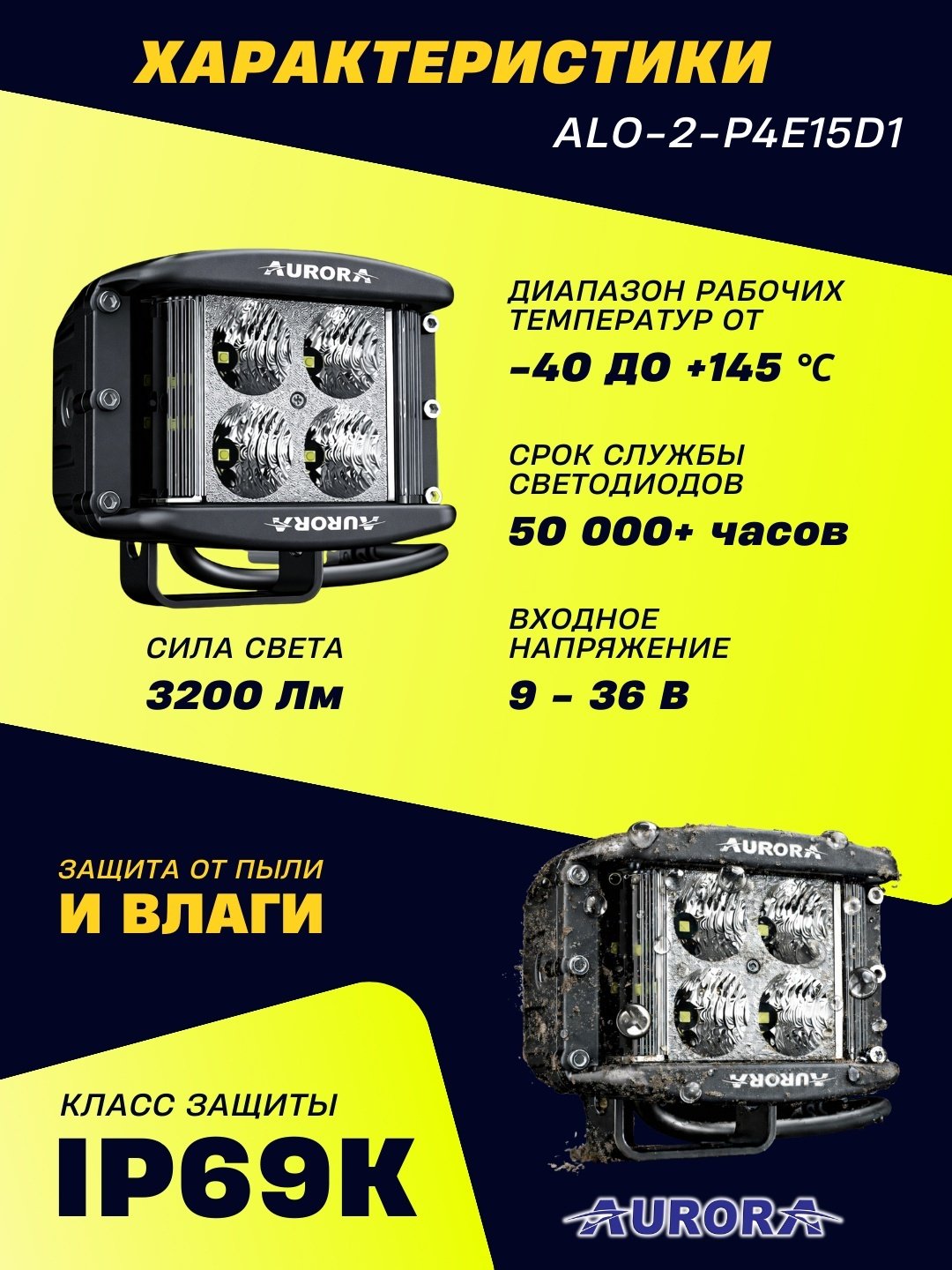 AURORA светодиодная фара ALO-2-P4E15D1 40 Вт квадратная купить,51200