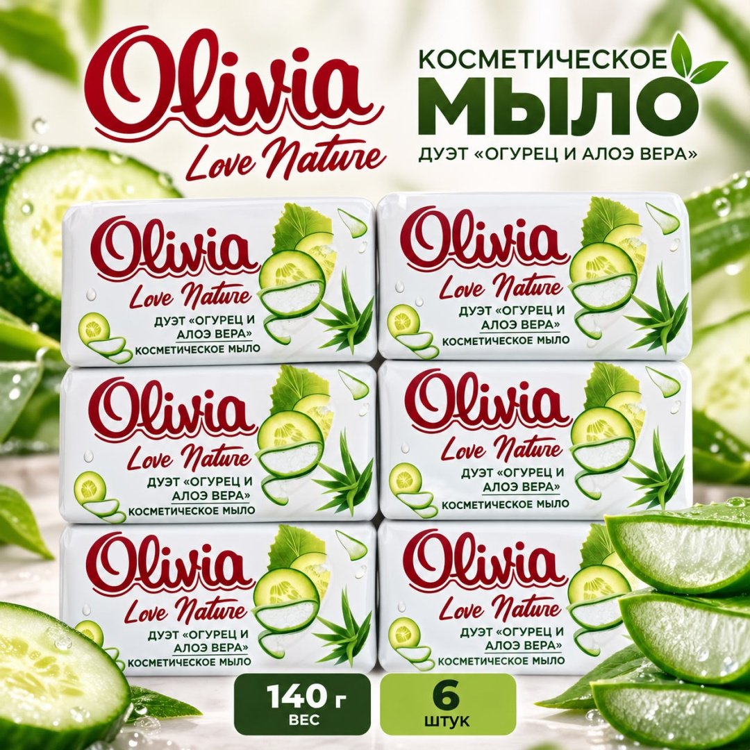 Кусковое мыло туалетное Olivia Огурец и алоэ вера Огурец и алоэ вера 140 г по 6 шт купить,2649