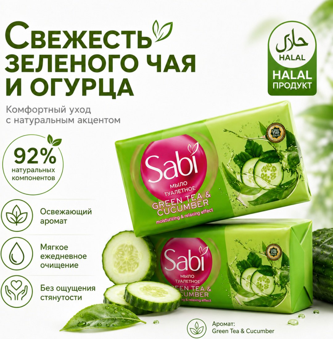 Кусковое мыло туалетное Sabi мыло туалетное огурец и зеленый чай 90 г по 6 шт купить,1752