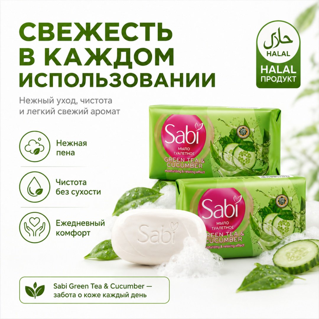 Кусковое мыло туалетное Sabi мыло туалетное огурец и зеленый чай 90 г по 6 шт купить,1752