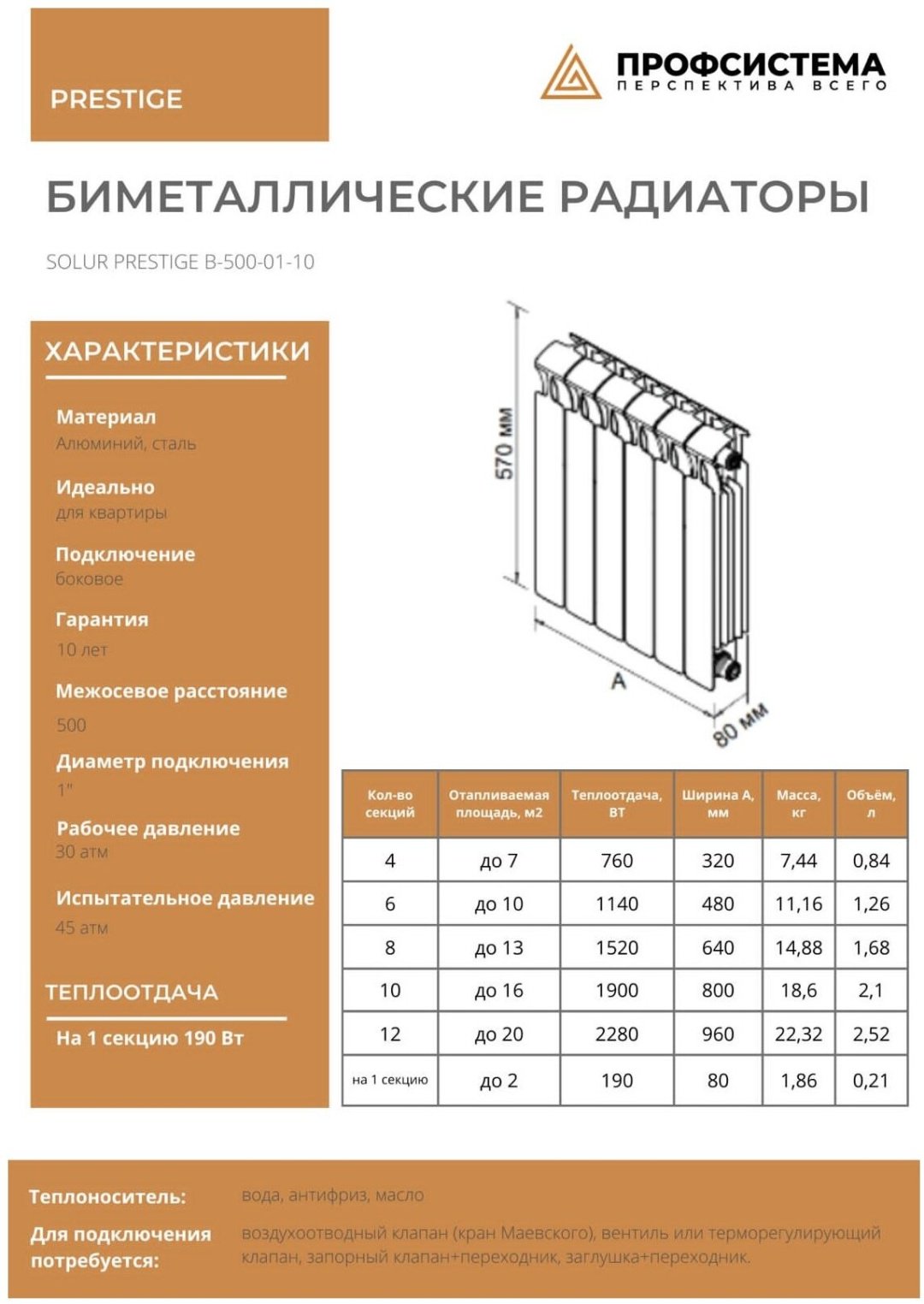 Радиатор Solur секционный PRESTIGE B-500 биметаллический, кол-во секций: 6 купить,64300