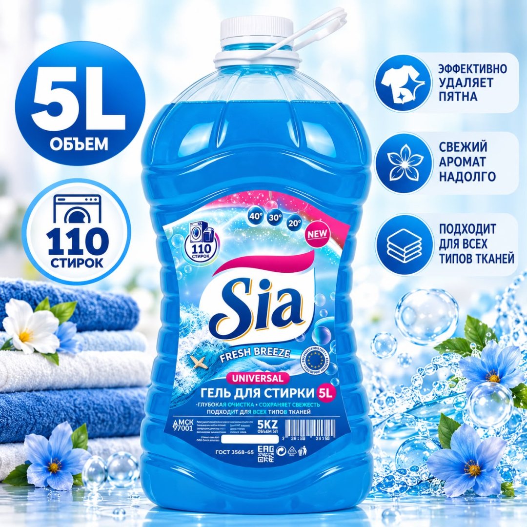 Гель Sia Fresh breeze для белых и светлых тканей, 5 л купить,2935