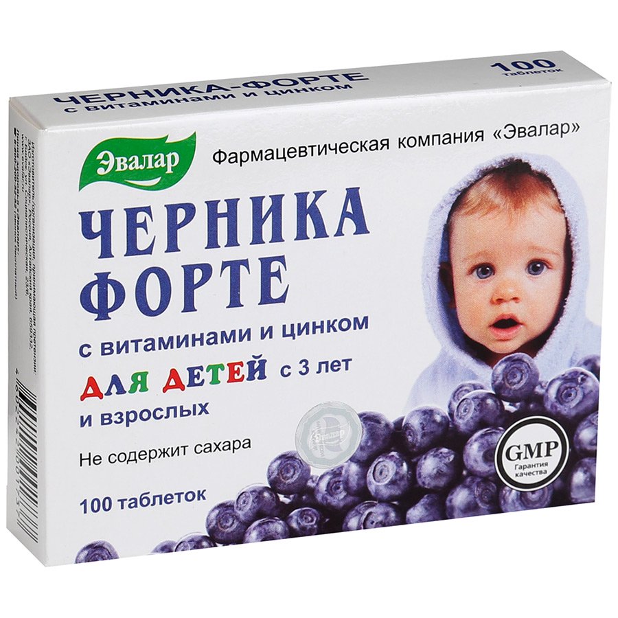 Эвалар ЗАО Черника Форте с Витаминами и Цинком для детей 100 шт таблетки 