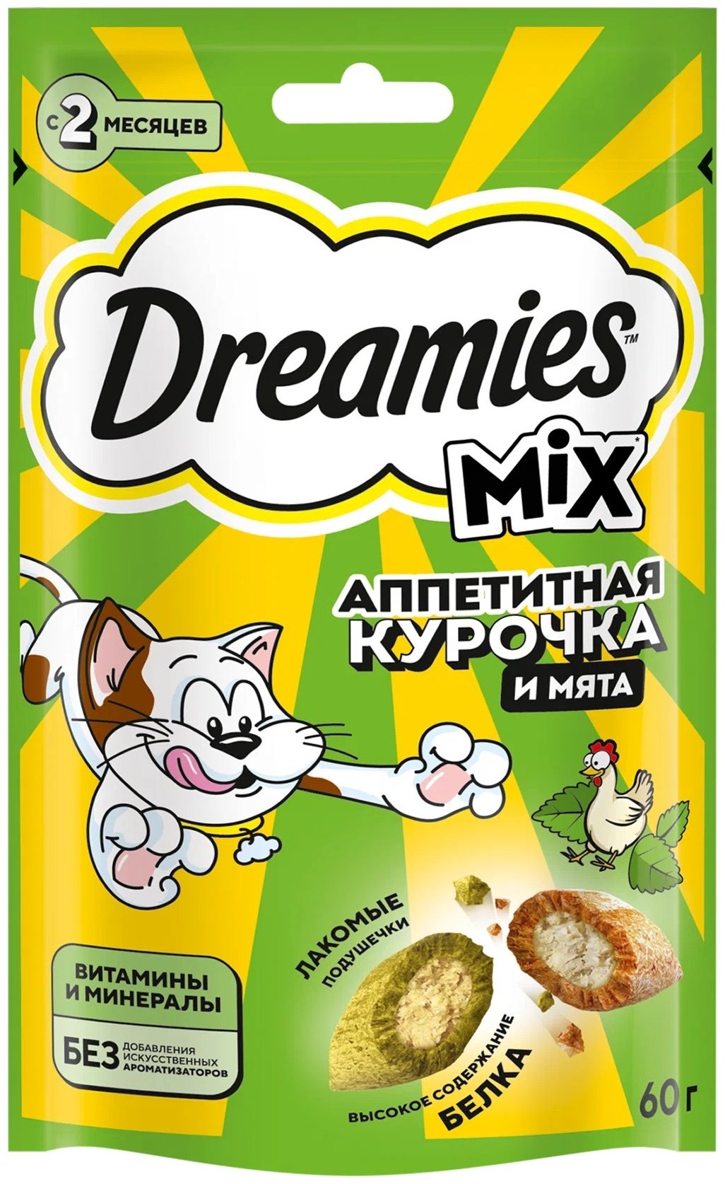 Лакомство Dreamies Mix подушечки Аппетитная курочка и мята 60 г 1 шт