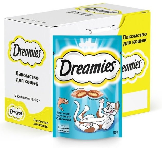 Лакомство Dreamies подушечки Нежный лосось 60 г 1 шт купить,570