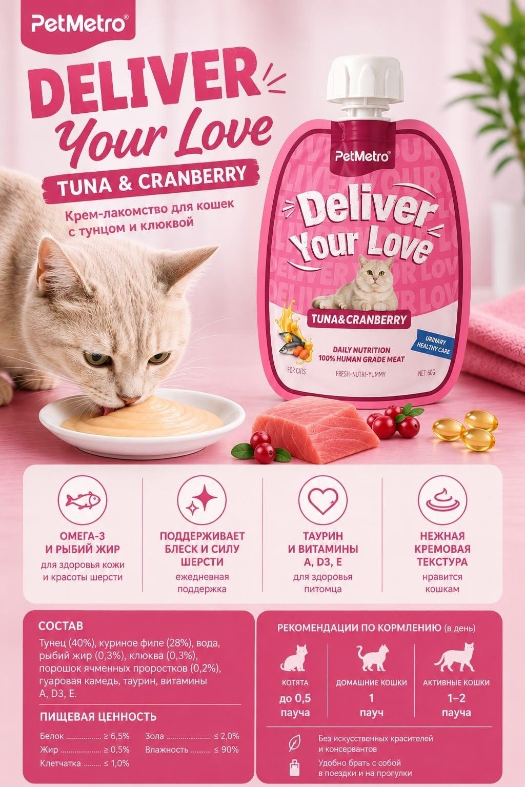 Лакомство PetMetro пюре тунец, клюква 60 г 1 шт