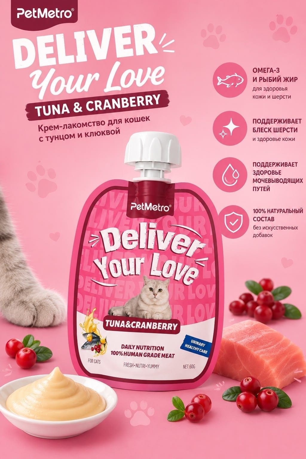 Лакомство PetMetro пюре тунец, клюква 60 г 1 шт