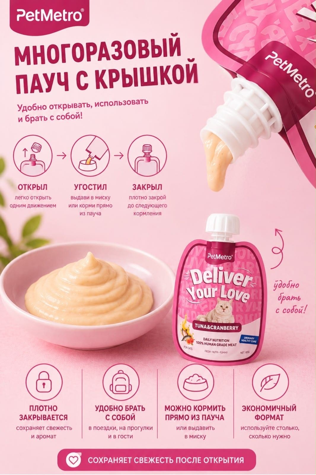 Лакомство PetMetro пюре тунец, клюква 60 г 1 шт