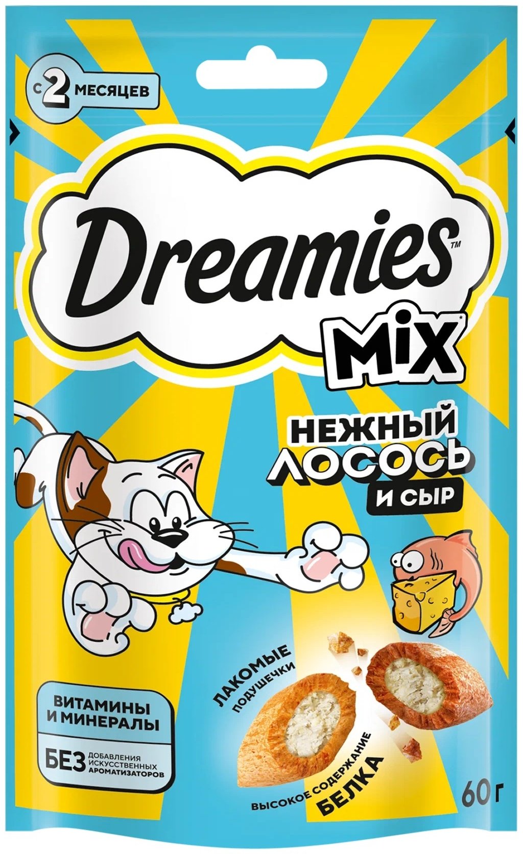 Лакомство Dreamies Mix подушечки Нежный лосось и сыр 60 г 1 шт