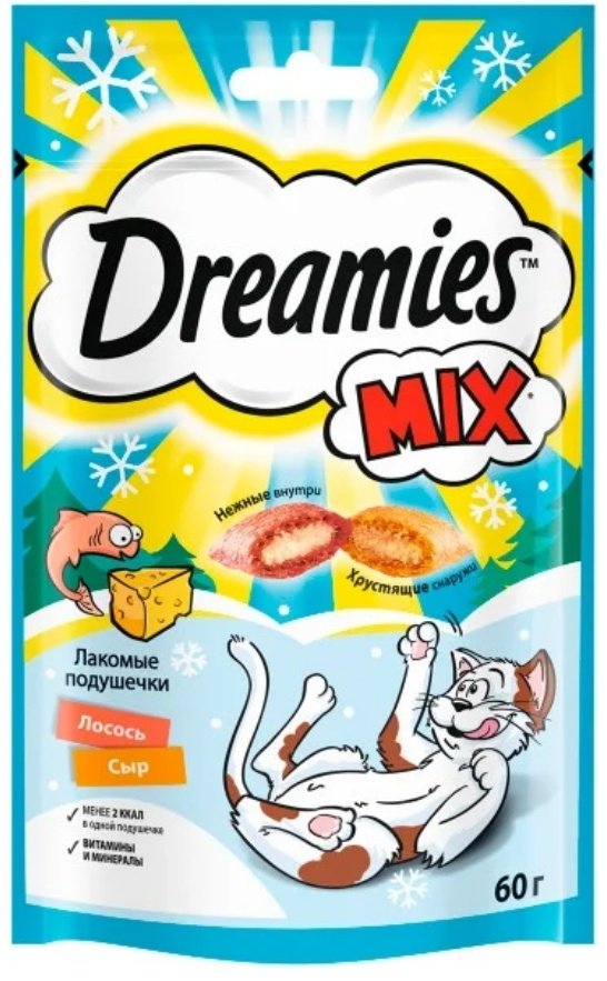 Лакомство Dreamies Mix подушечки Нежный лосось и сыр 60 г 1 шт