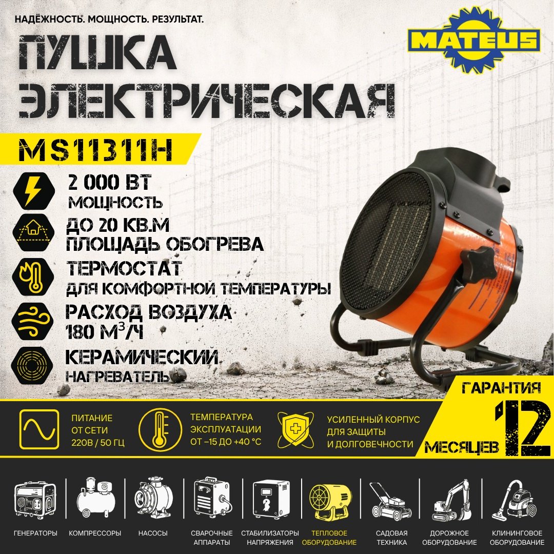 Тепловая электрическая пушка Mateus MS11311H, 2 кВт