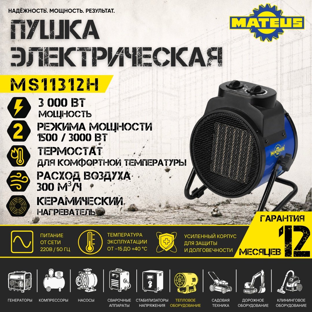 Тепловая электрическая пушка Mateus MS11312H, 3 кВт