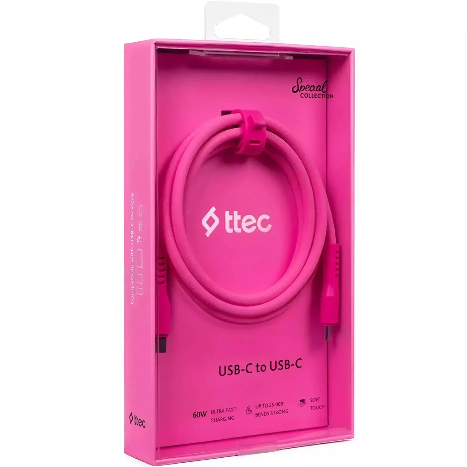 Кабель для телефона TTEC USB-C-USB-C 60W PD/QC Fast Charging/Data Cable 120 cm Neon Pink купить,3990