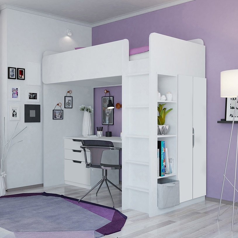Кровать-чердак ZETA Simple, 90x200 см, белый купить,NaN