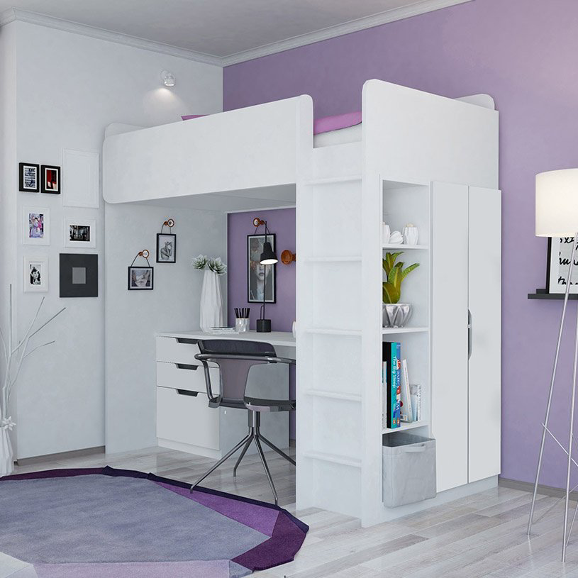 Кровать-чердак ZETA Simple, 90x200 см, белый купить,NaN