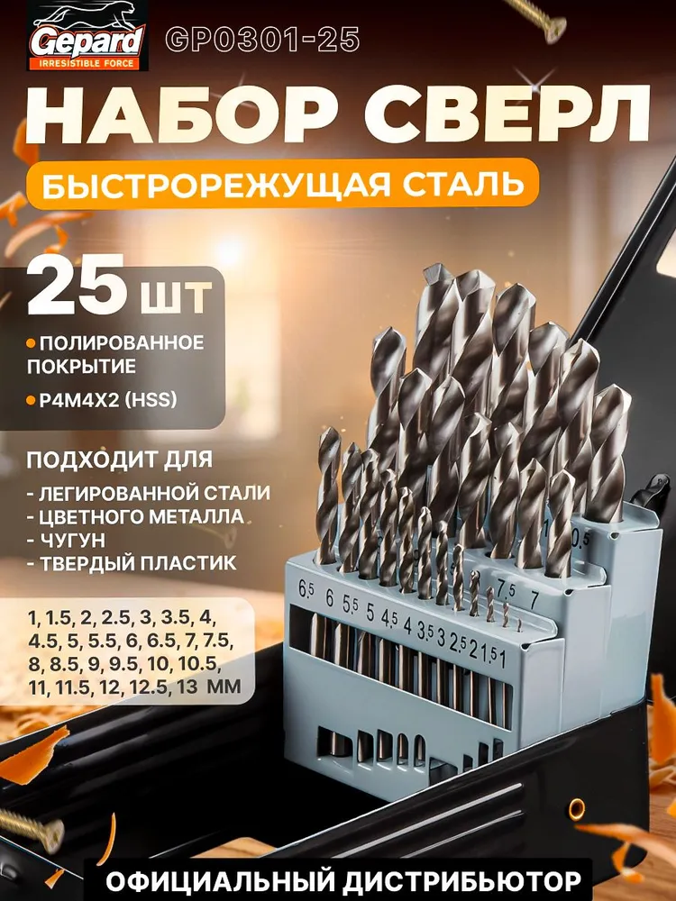 Набор сверл по металлу GEPARD HSS 1-13мм 25шт 