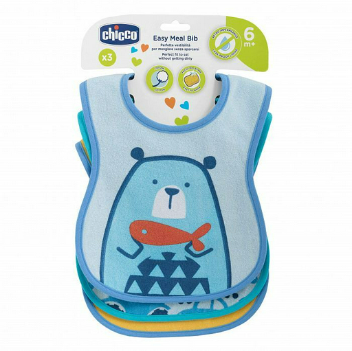Нагрудник Chicco Easy Meal 6м+ 3шт голубой