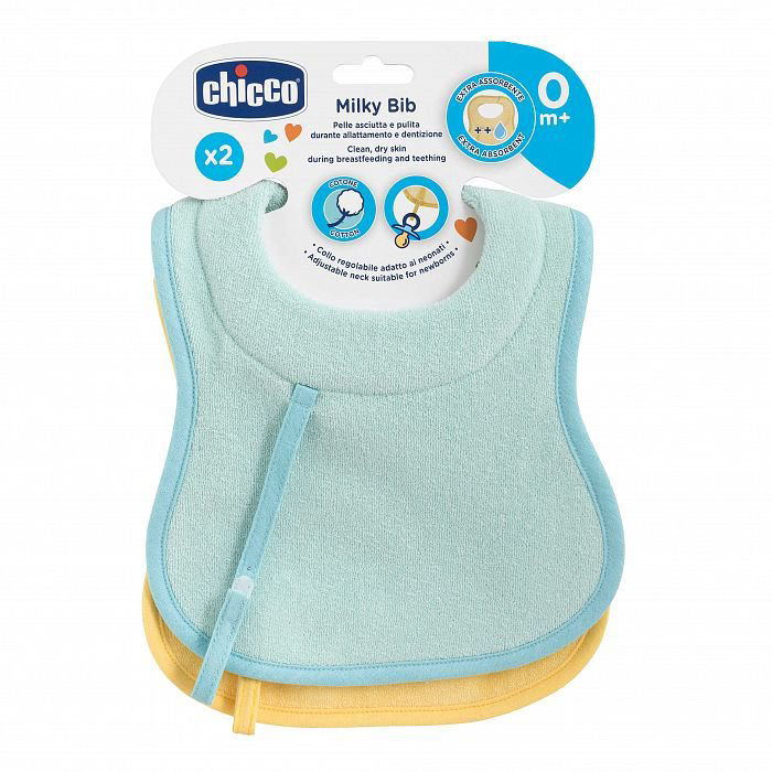 Нагрудник Chicco Milky Bib 0м+ 2шт голубой-желтый купить,NaN