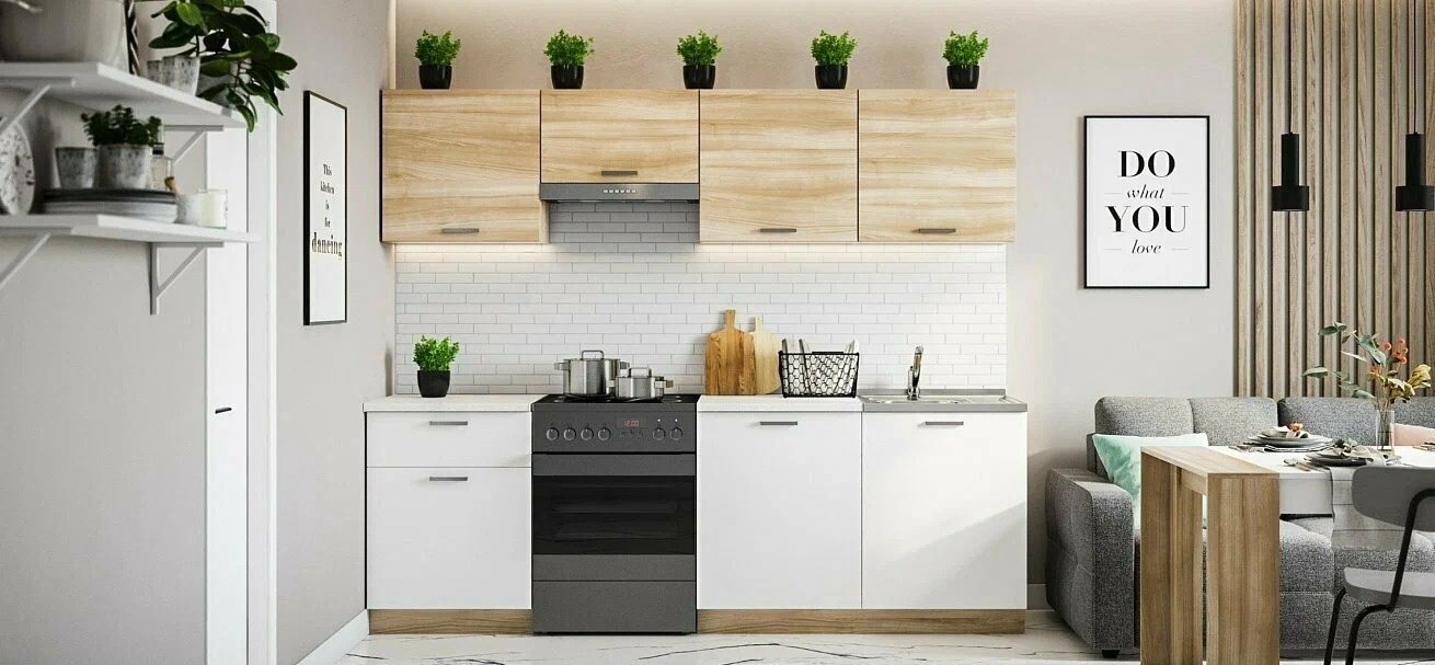 Кухонный гарнитур Divan Boss Люкс, 240x203х60 см, ЛДСП, белый, светло-коричневый купить,NaN