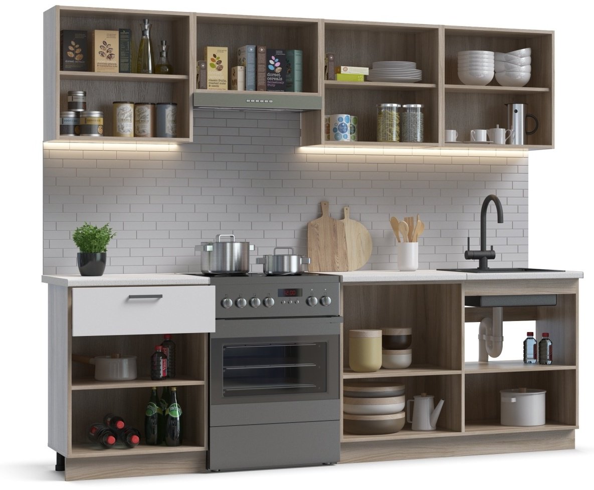 Кухонный гарнитур Divan Boss Люкс, 240x203х60 см, ЛДСП, белый, светло-коричневый купить,NaN