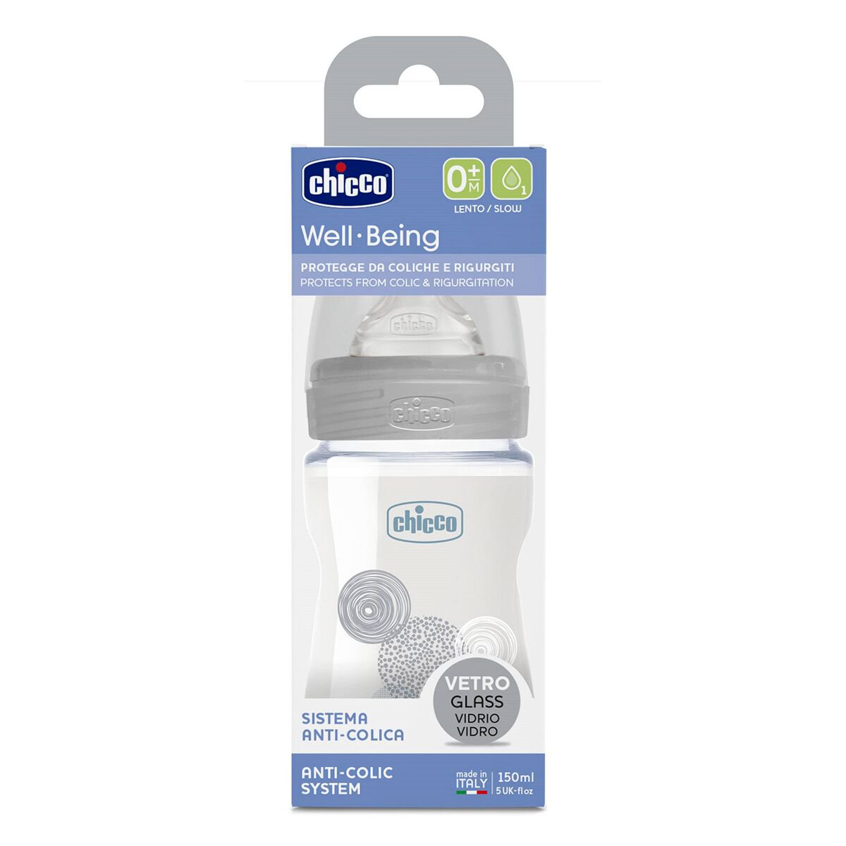Бутылочка Chicco для кормления Wellbeing силикон 150мл 0м+ стекло серое купить,NaN