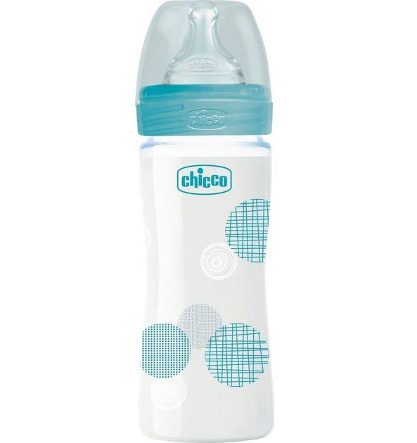 Бутылочка Chicco для кормления Wellbeing силикон 240мл 0м+ стекло голубое купить,NaN