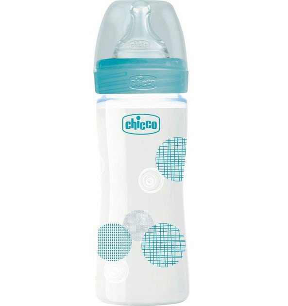 Бутылочка Chicco для кормления Wellbeing силикон 240мл 0м+ стекло голубое купить,NaN