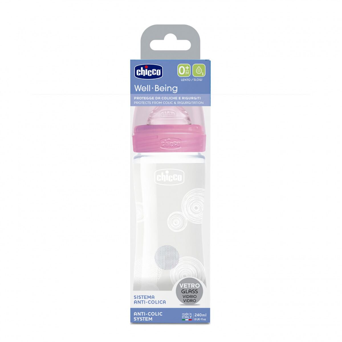 Бутылочка Chicco для кормления Wellbeing силикон 240мл 0м+ стекло розовая купить,NaN