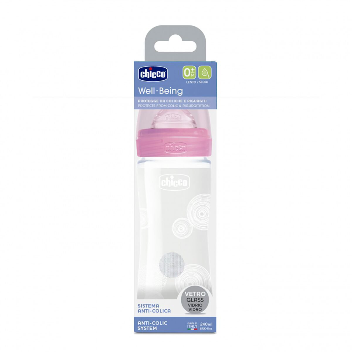 Бутылочка Chicco для кормления Wellbeing силикон 240мл 0м+ стекло розовая купить,NaN