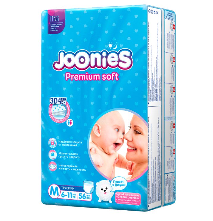 Подгузники-трусики Joonies Premium Soft  M 6-11кг 56шт купить,NaN