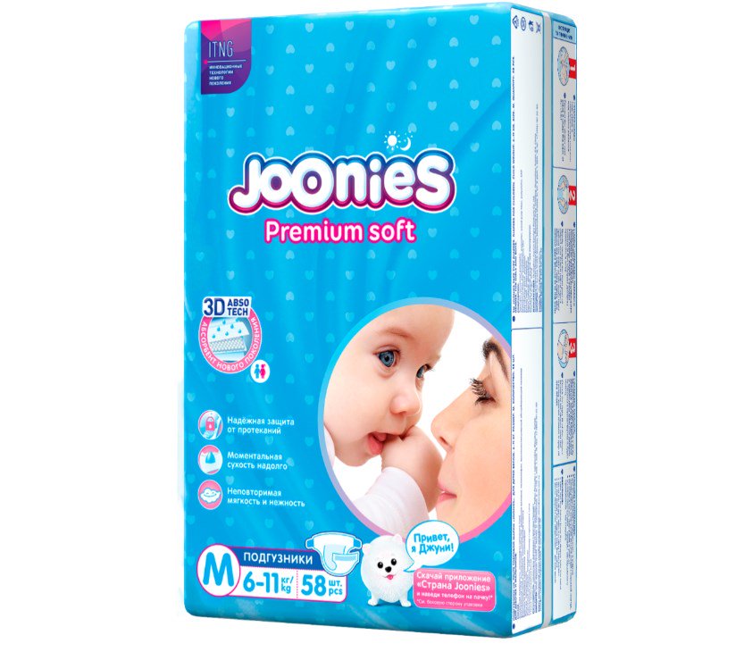 Подгузники Joonies Premium Soft M 6-11кг 58шт