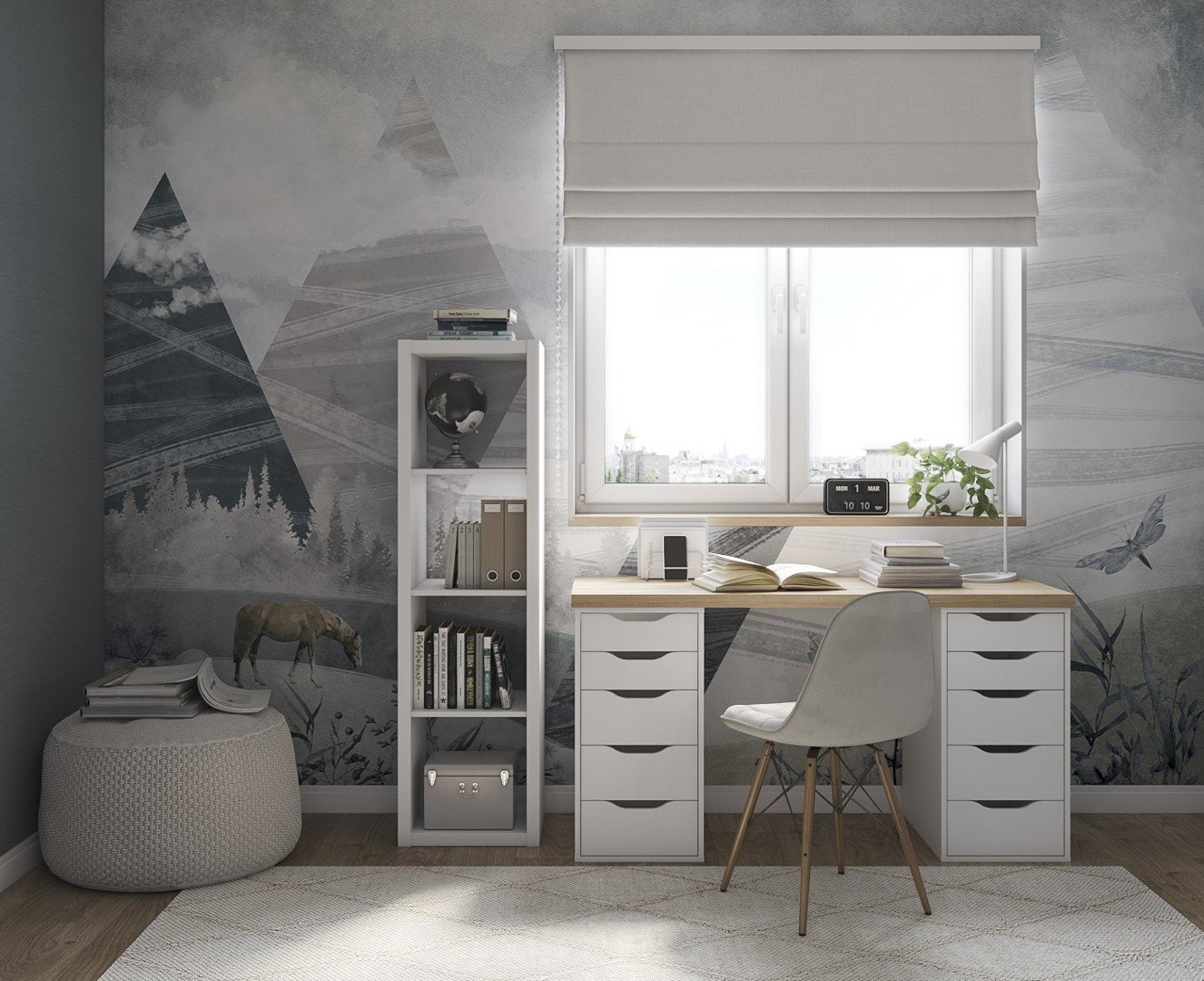 Стол компьютерный Мебелайн INGAR 2/55, 140х55x75 см, белый, светло-коричневый