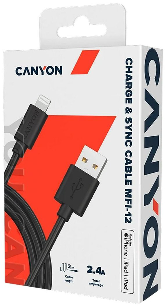 Кабель Canyon USB 2.0 (M), Lightning (M), 2 м, CNS-MFIC12B черный купить,NaN