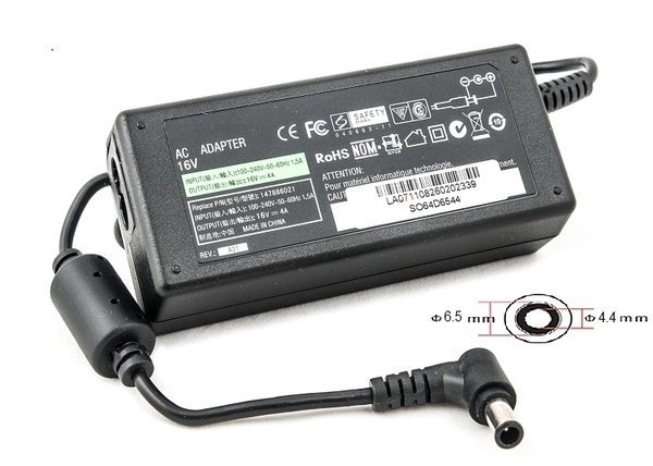 Блок питания для ноутбуков PowerPlant Sony 220V 16V 64W 4A 6.5*4.4 черный купить,0