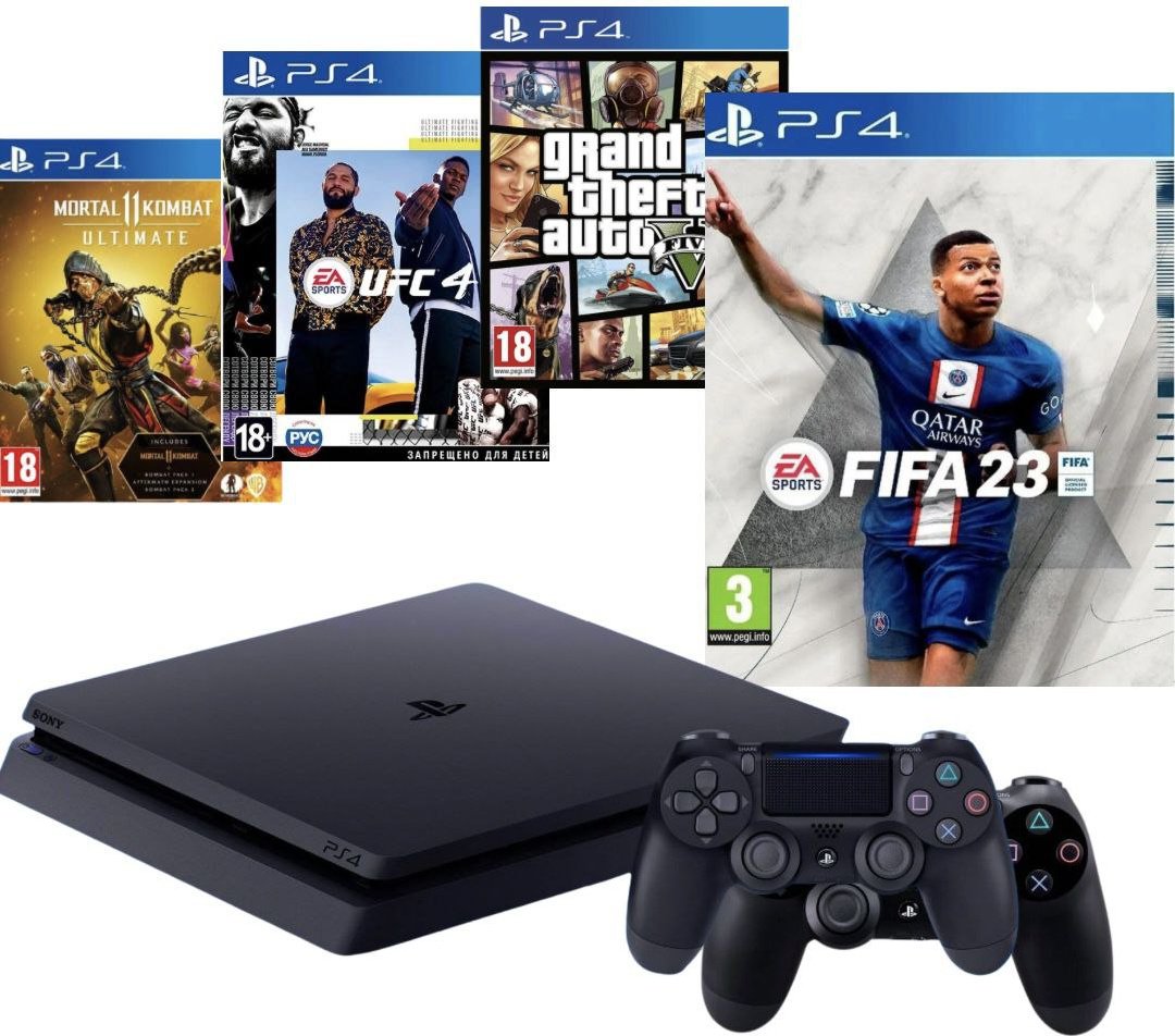 Sony PlayStation 4 Slim 500GB черный + 2 геймпада + FIFA23 + MK11 + GTA5 + UFC4