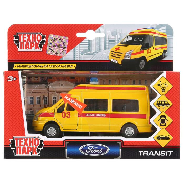 Машинка Технопарк  Ford  Transit реанимация 13см  желтая купить,NaN