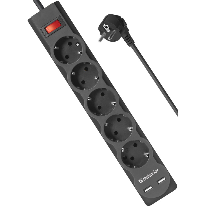 Сетевой фильтр Defender DFS 753 3м + зарядка USB 2.1A 99753 черный - ForteMarket Сетевой фильтр Defender DFS 753 3м + зарядка USB 2.1A 99753 черный купить,0