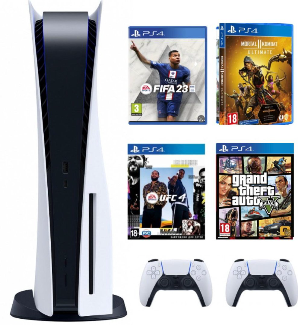 Sony PlayStation 5 825GB белый + 2 геймпада + FIFA23 + MK11 + GTA5 + UFC4