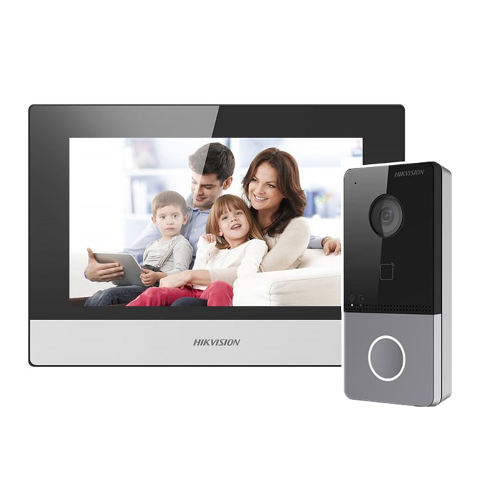 Комплект видеодомофона Hikvision DS-KIS603-P (DS-KV6113-WPE1 + DS-KH6320-WTE1) серебристый  купить,161499