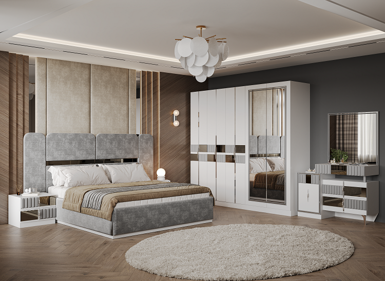 Гарнитур спальный Mebel Luxe Моника серо-белый с золотом купить,NaN