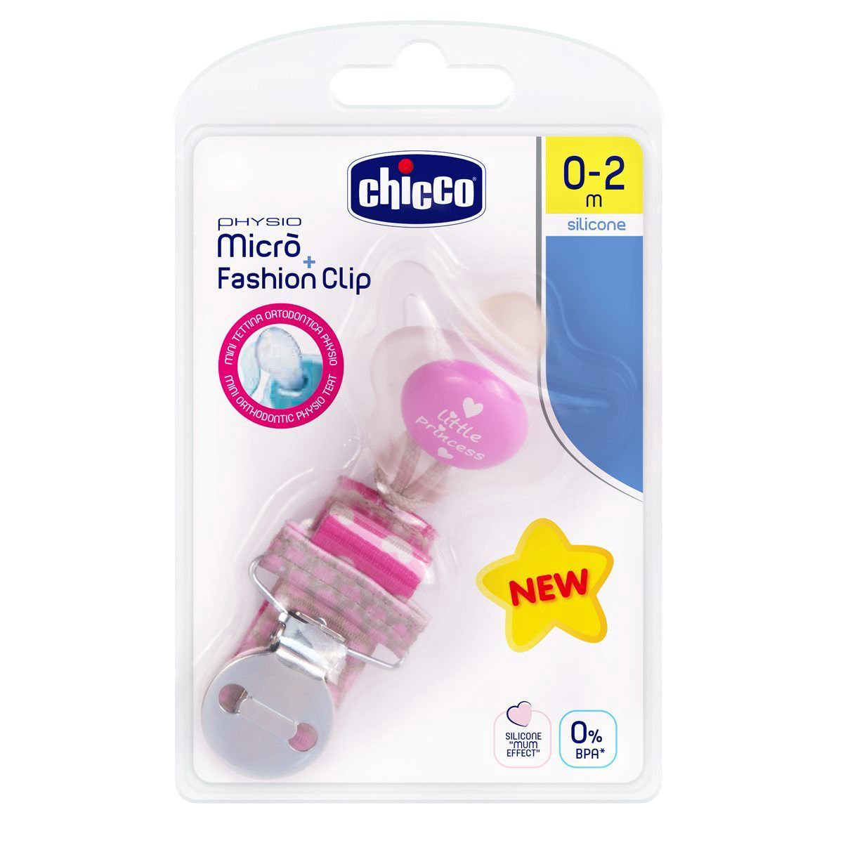 Пустышка Chicco Physio Micro силикон + прищепка Girl 0-2м розовая купить,NaN