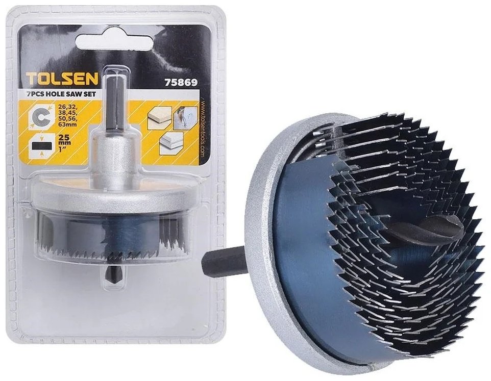 Коронка TOLSEN 75869 твердосплавная D 26 мм, 32 мм, 38 мм, 45 мм, 50 мм, 56 мм, 63 мм, 7 шт