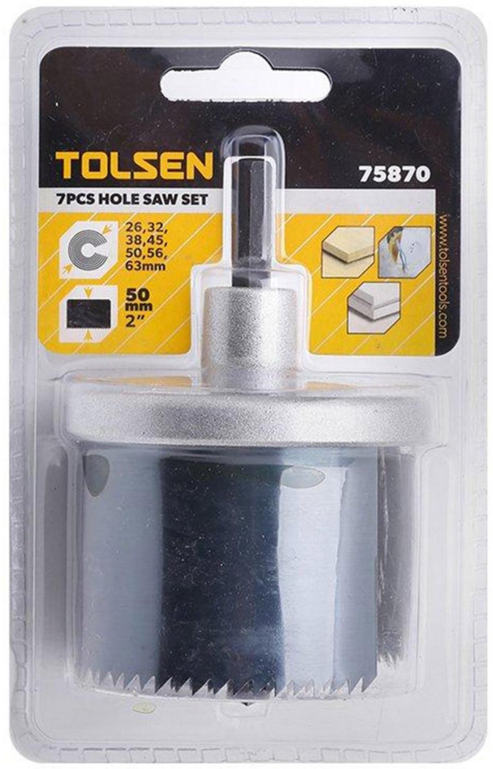 Коронка TOLSEN 75870 твердосплавная D 26 мм, 32 мм, 38 мм, 45 мм, 50 мм, 56 мм, 63 мм, 7 шт