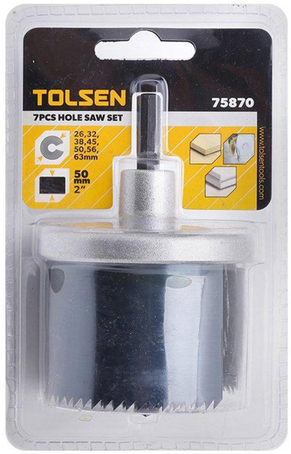Коронка TOLSEN 75870 твердосплавная D 26 мм, 32 мм, 38 мм, 45 мм, 50 мм, 56 мм, 63 мм, 7 шт