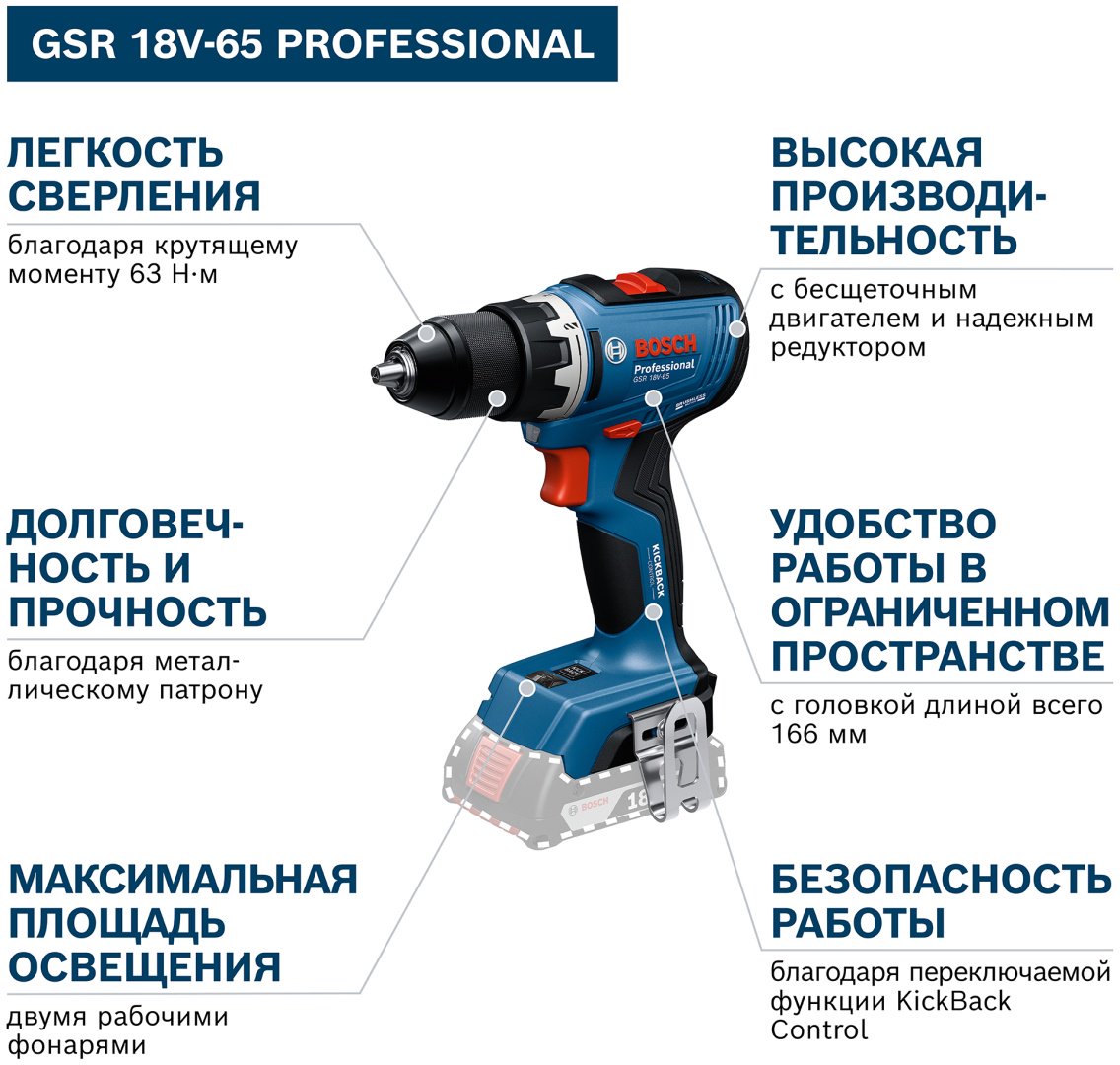 Аккумуляторная дрель-шуруповёрт Bosch GSR 18V-65 Professional, 06019N3000 купить,131810