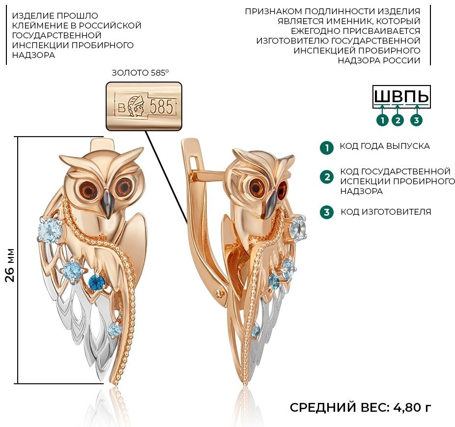 Серьги Green Line 02-4893-00-201-1111 вес 4.49 г золото, эмаль, топаз купить,NaN