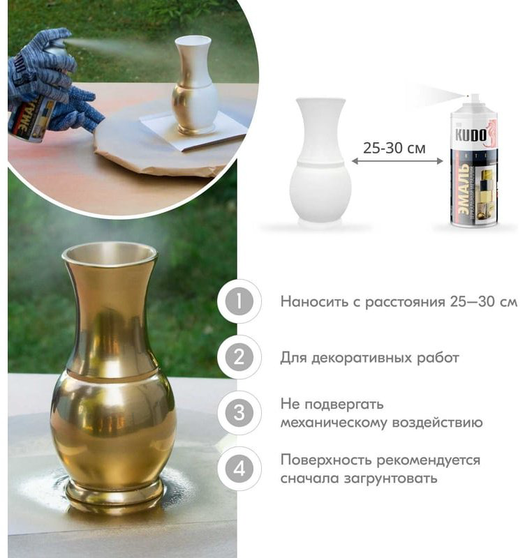 Kudo краска Эмаль зеркальный металлик универсальная быстросохнущая KUDO MIRROR FINISH зеркальное золото KU-1034 тон зеркальное золото, 520 мл купить,NaN