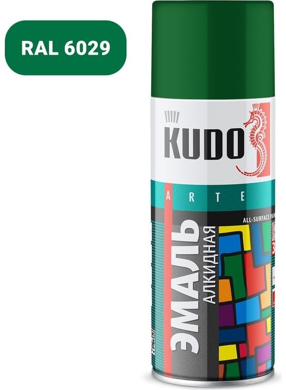 Kudo краска Аэрозольная краска в баллончике KUDO высокопрочная алкидная универсальная глянцевая RAL 6029 зелёная KU-10081 тон зеленый, 520 мл купить,NaN